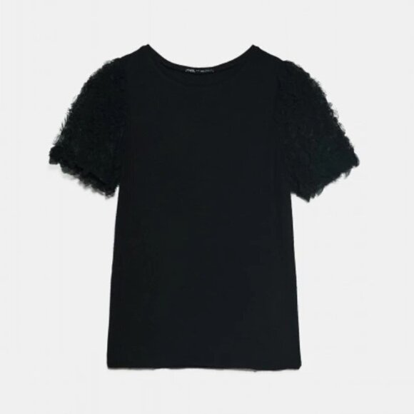 EUC Zara black tulle accented statement sleeve knit-like sweater top, S - Picture 6 of 13